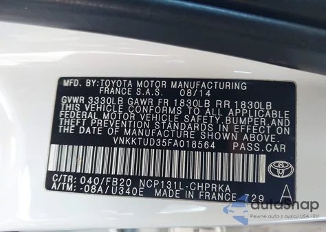 2015 Toyota Yaris Le из США, поврежденный, VIN VNKKTUD35FA018564